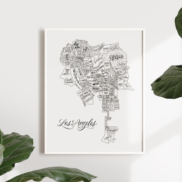 Los Angeles Neighborhood Map Print - Handlettered - Map of LA - Los Angeles Poster - Los Angeles Word Map - Typographic Map - LA Home Decor