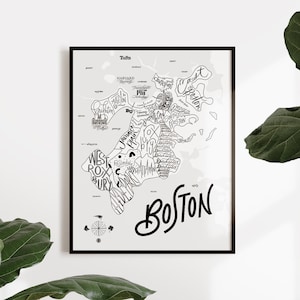 Boston, MA Illustrated Map Print Boston Map Map of Boston MIT Harvard Typographic Map Cartography Font Map image 1