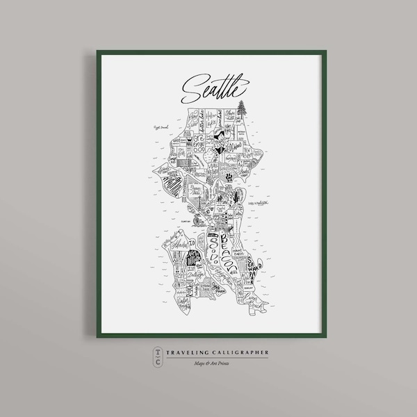 Seattle, WA Neighborhood Map Print - Hand lettered - Map of Seattle - Seattle Poster - Seattle Map - Typographic Map