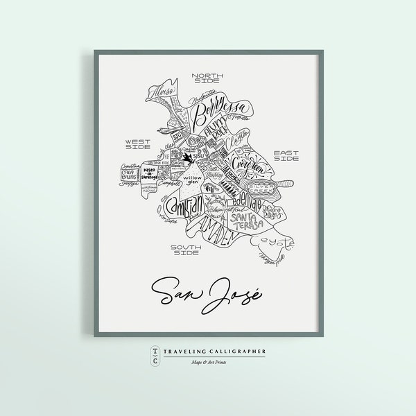 San Jose, CA Neighborhood Map Print (2024 Version) - Handlettered - Map of San Jose - San Jose Map - San Jose Poster - Typographic Map