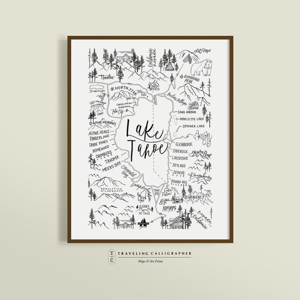 Lake Tahoe Map Print - Handlettered - Map of Lake Tahoe - Lake Tahoe Poster - Lake Tahoe Word Map - Typographic Map - Lake Tahoe Home Decor