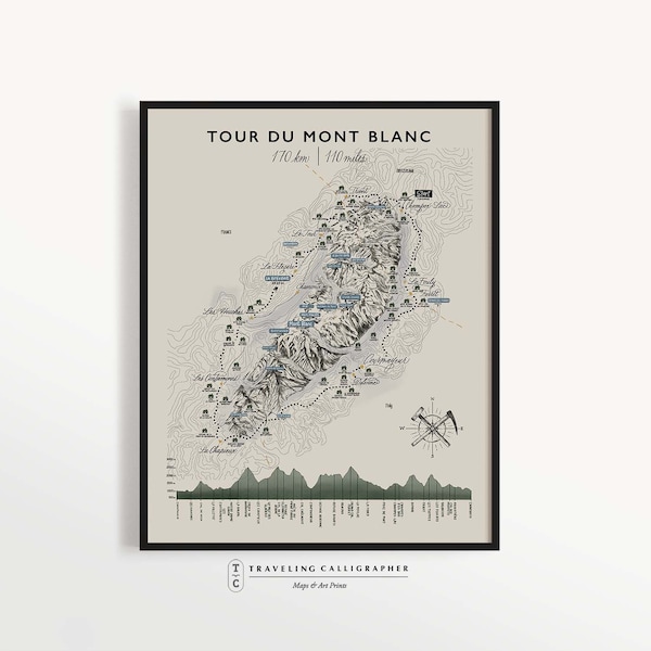 Tour Du Mont Blanc Trail Map - Refugios - TMB Map - Mont Blanc Massif - Hiking Trail Map - Illustrated Map - Topography
