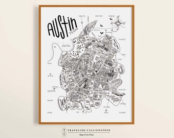 Austin, Texas Neighborhood Map Print - Handlettered-Map of Austin - Austin Poster-Austin Word Map - Typographic Map - ATX