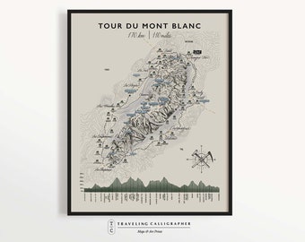 Tour Du Mont Blanc Wanderkarte - Schutzhütten - TMB Karte - Mont Blanc Massiv - Wanderkarte - Illustrierte Karte - Topographie