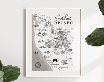 San Luis Obispo Neighborhood Map Print - Handlettered-Map of SLO - SLO Poster- SLO Word Map - Typographic Map - Black and White map