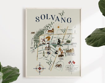 Solvang, California Illustrated Map Print - Map of Solvang - Solvang Map - Santa Ynez Valley - Cartography - Typographic Map