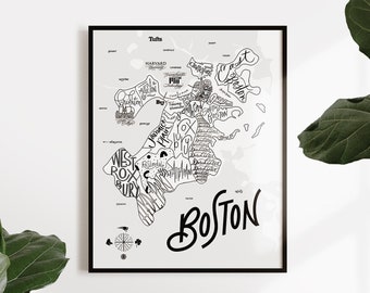 Boston, MA Illustrated Map Print - Boston Map - Map of Boston - MIT - Harvard - Typographic Map - Cartography - Font Map