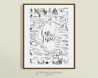 Lake Tahoe Map Print - Handlettered - Map of Lake Tahoe - Lake Tahoe Poster - Lake Tahoe Word Map - Typographic Map - Lake Tahoe Home Decor