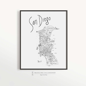 San Diego, CA Neighborhood Map Print - Hand lettered - Map of San Diego - San Diego Poster - San Diego Map-Typographic Map