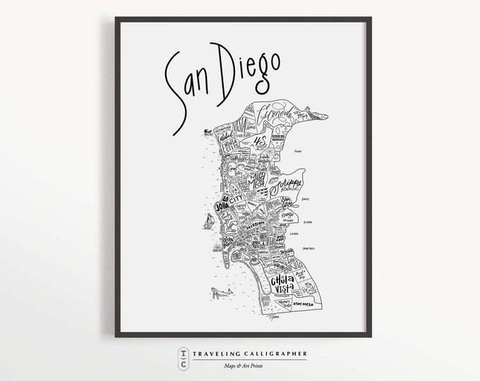 San Diego, CA Neighborhood Map Print - Hand lettered - Map of San Diego - San Diego Poster - San Diego Map-Typographic Map