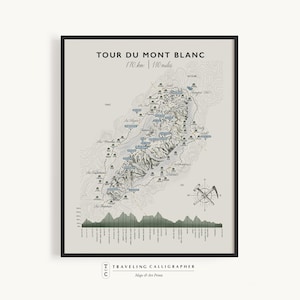 Op de afbeelding: Een ingelijste topografische kaartprint met de titel TOUR DU MONT BLANC 170 km | 110 miles. De kaart bevat gedetailleerde hoogtelijnen, illustraties van bergtoppen, een wandelroute, een windroos met gekruiste ijsbijlen en een hoogteprofiel.