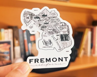Autocollant de carte de Fremont, Californie | Bouteille d'eau découpée, fenêtre, skateboard, voiture, décalcomanie murale, autocollant en vinyle pour ordinateur portable - 4 po.