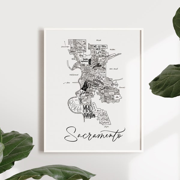 Sacramento, CA Neighborhood Map Print - Hand lettered - Map of Sacramento - Sacramento Poster - Sacramento Map - Typographic Map