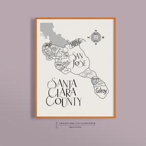 Santa Clara County Map Print- Handlettered map- Silicon Valley Map - South Bay Area - Bay Area - San Jose - Palo Alto - Mountain View