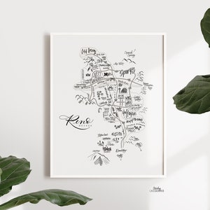Reno, NV Neighborhood Map Print - Handlettered - Map of Reno - Reno Poster - Reno Word Map - Typographic Map - Reno Home Decor