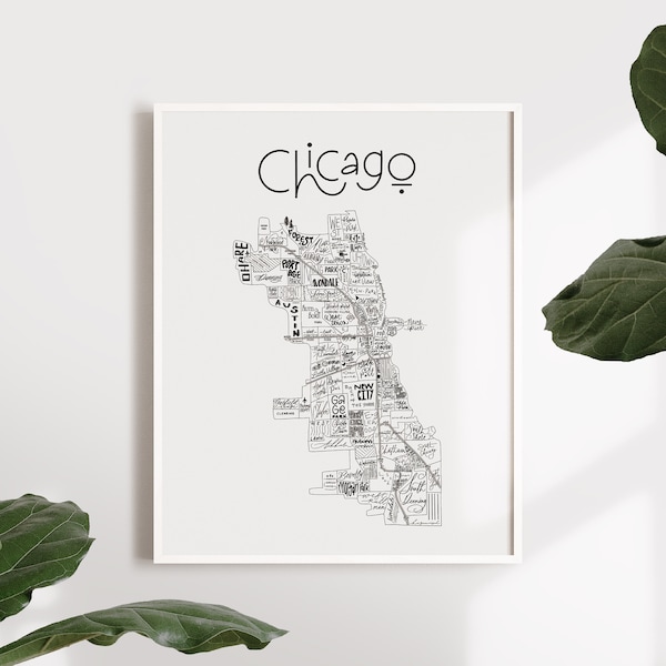 Chicago, Illinois Neighborhood Map Print - Hand lettered - Map of Chicago - Chicago Poster - Chicago Map - Typographic Map - Chitown