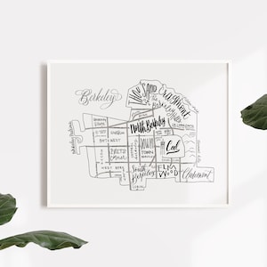 Berkeley Neighborhood Map Print - Handlettered - Map of Berkeley - Berkeley Poster - Berkeley Word Map - Typographic Map - Cal Home Decor