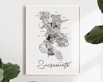 Impression de carte de quartier de Sacramento, Californie - inscription manuscrite - carte de Sacramento - affiche de Sacramento - carte de Sacramento - carte typographique