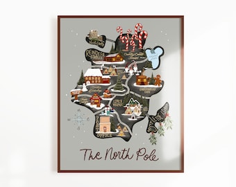 The North Pole Map - North Pole Art, Christmas Art, Unique Maps, Map of the North Pole, Holiday Home Decor