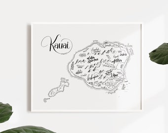 Kauai, Hawaii Neighborhood Map Print - Handlettered - Map of Kauai - Kauai Poster - Kauai Word Map - Typographic Map - Kauai Home Decor