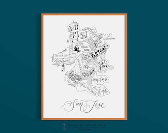 San Jose, CA Neighborhood Map Print (2017 Version) - Handlettered - Map of San Jose - San Jose Map - San Jose Poster - Typographic Map