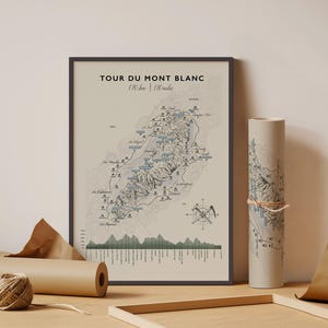 Op de afbeelding: Een ingelijste kaartprint met de titel TOUR DU MONT BLANC 110 km | 110 miles, met een topografische illustratie van de route, een windroos en een hoogteprofiel. Een opgerolde versie van dezelfde kaart is vastgebonden met een touwtje.
