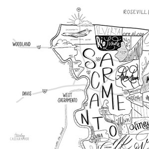 Sacramento County in California Map Print - Hand Lettered - Map of Sac ...