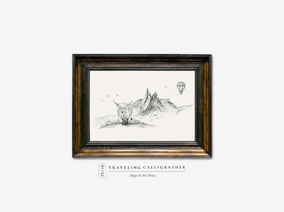 Scottish Highlands and Hairy Coo Illustration | Cottagecore Decor Digital Art PRINTABLE | 001