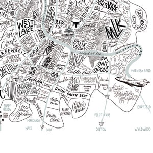 Austin, Texas Neighborhood Map Print - Handlettered-map of Austin ...