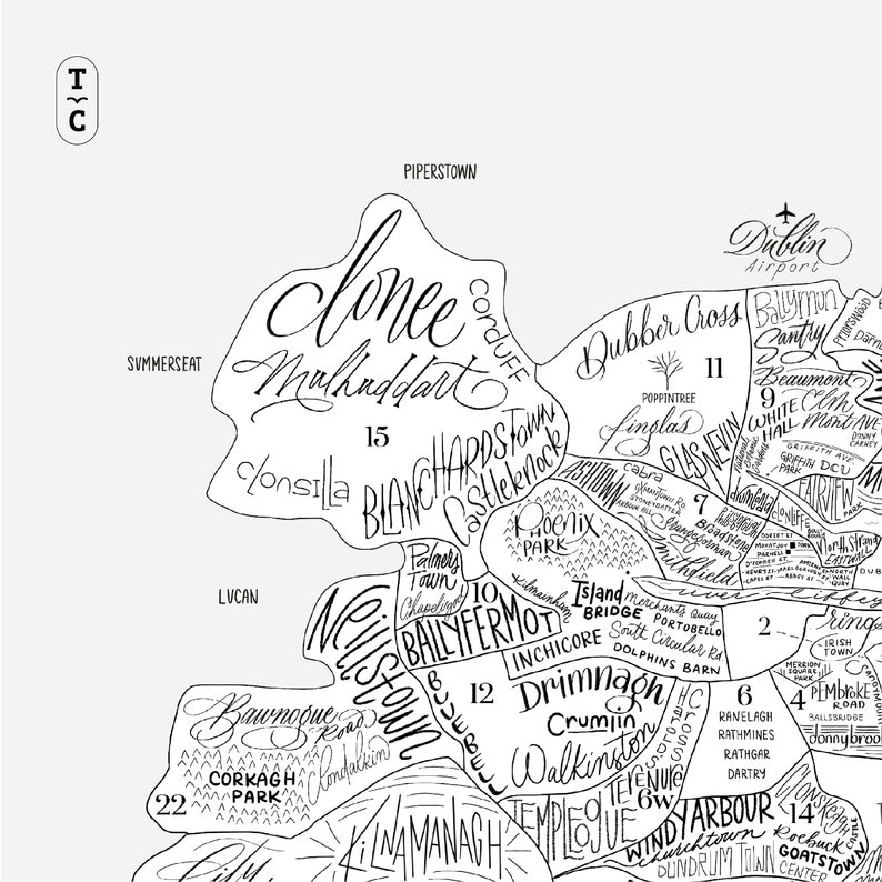 Dublin Ireland Illustrated Map Print 24 Postal Codes Map Etsy