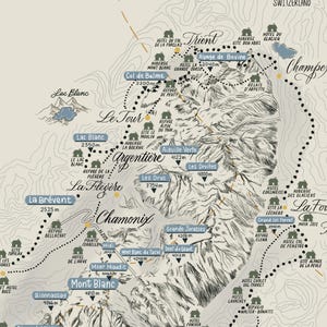 Op de afbeelding: Een gedetailleerde topografische kaartillustratie van de regio van het Mont Blanc-massief, met gelabelde bergtoppen inclusief hoogtes in meters, wandelpaden en diverse berghutten. De kaart bevat tekstlabels voor locaties zoals Chamonix, Courmayeur en Trient, met een afstandsaanduiding van 170 km en 110 mijl bovenaan.