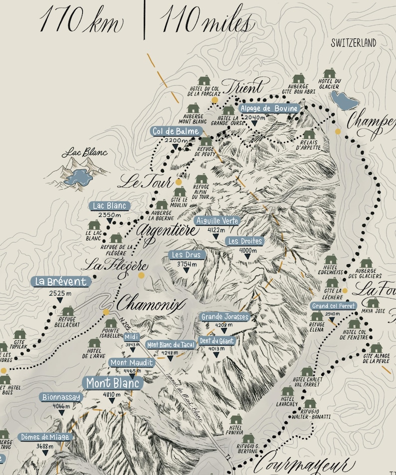 Op de afbeelding: Een gedetailleerde topografische kaartillustratie van de regio van het Mont Blanc-massief, met gelabelde bergtoppen inclusief hoogtes in meters, wandelpaden en diverse berghutten. De kaart bevat tekstlabels voor locaties zoals Chamonix, Courmayeur en Trient, met een afstandsaanduiding van 170 km en 110 mijl bovenaan.