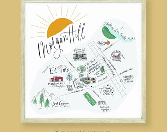 Morgan Hill, CA Neighborhood Map - Handlettered map - Bay Area