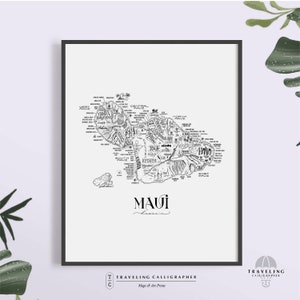 May include: A black and white line drawing of the island of Maui, Hawaii. The map includes the names of various towns and locations on the island. The text "Maui, Hawaii" is written below the map.