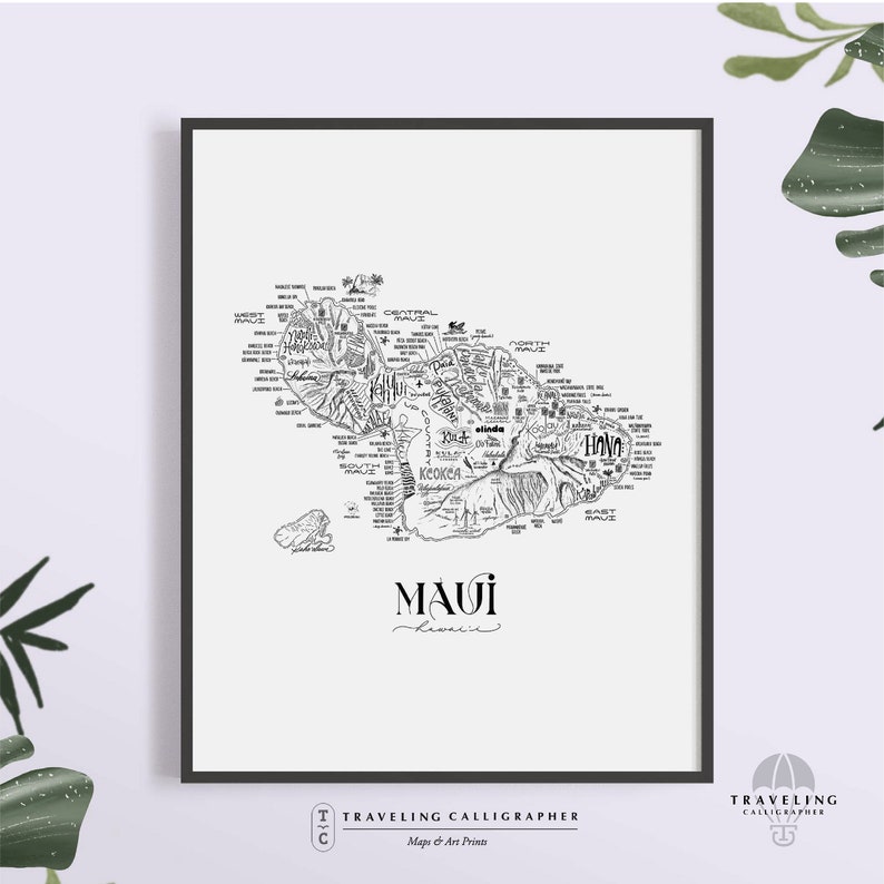May include: A black and white line drawing of the island of Maui, Hawaii. The map includes the names of various towns and locations on the island. The text "Maui, Hawaii" is written below the map.