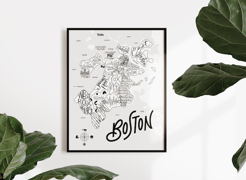 Boston, MA Illustrated Map Print Boston Map Map of Boston MIT Harvard Typographic Map Cartography Font Map image 1