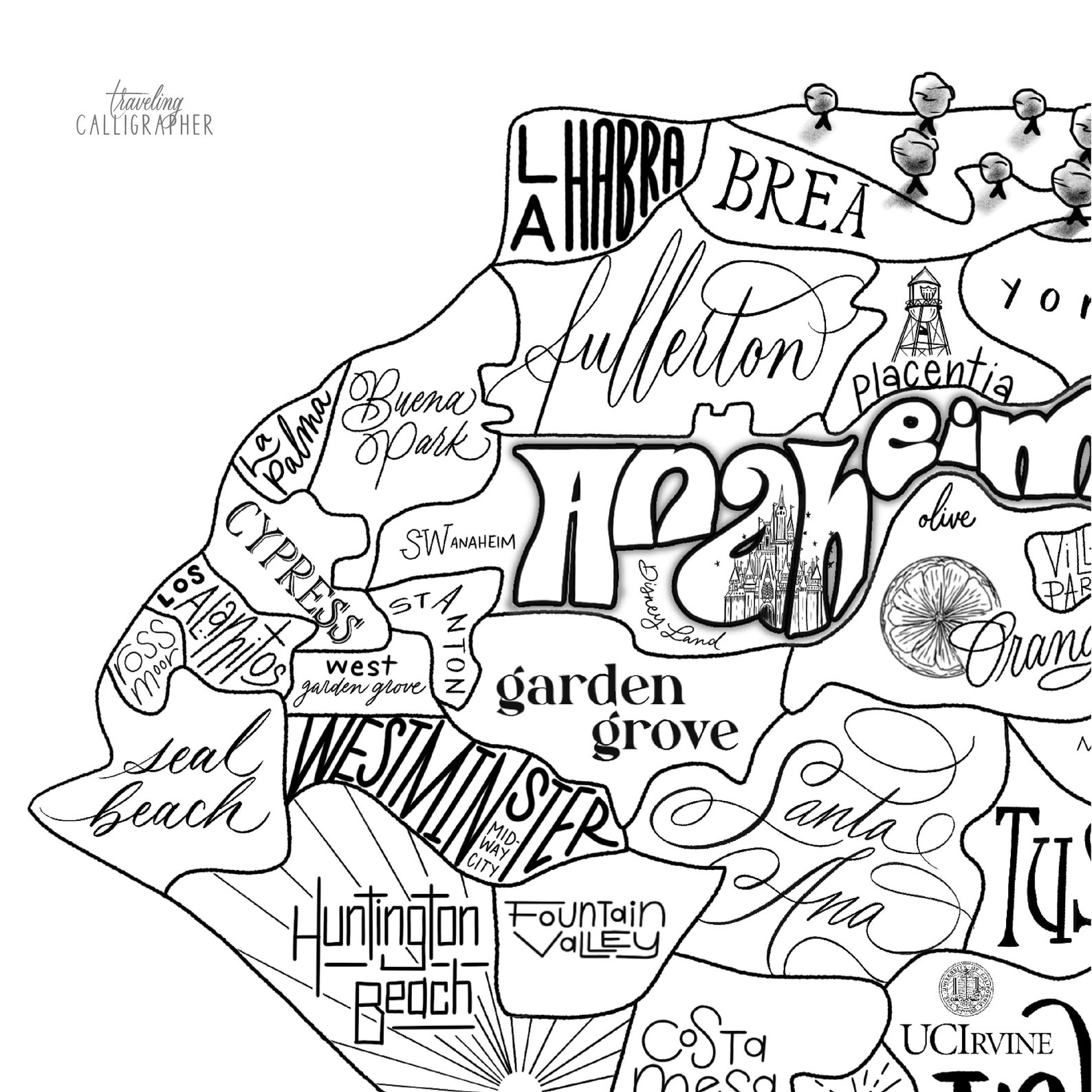 Orange County CA Illustrated Map Print the OC Map of Etsy