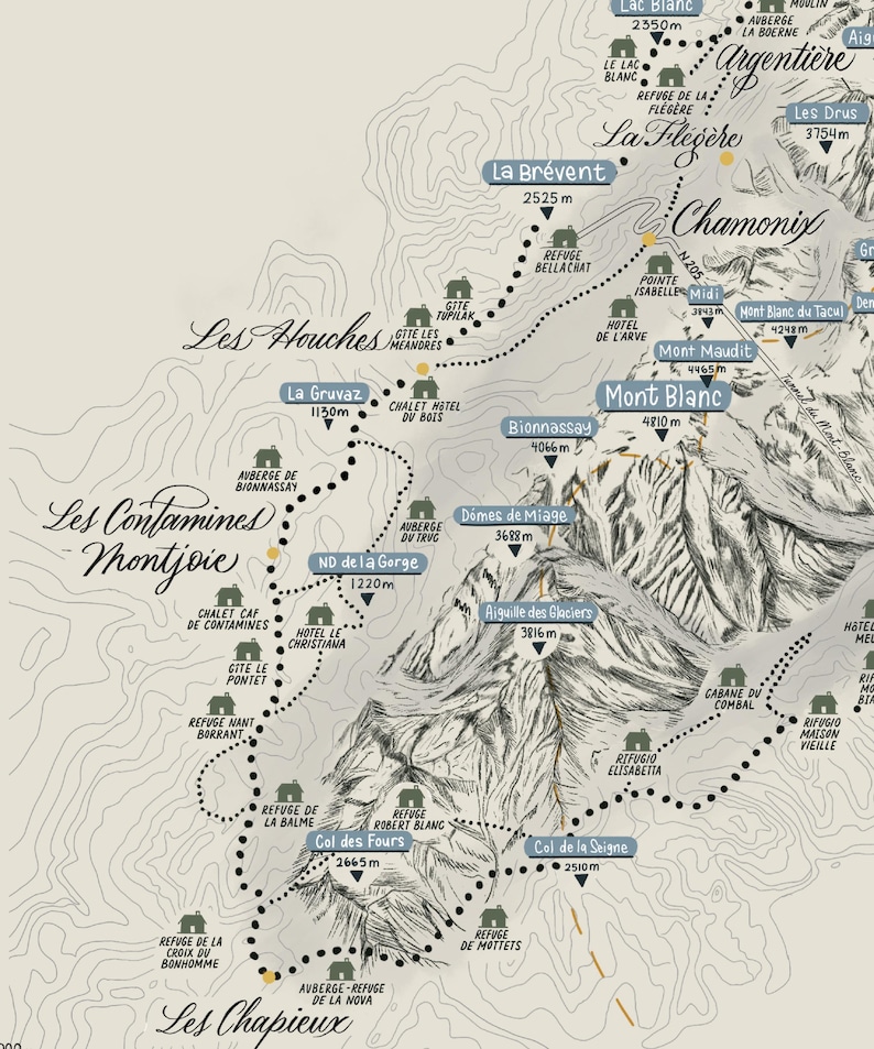 Op de afbeelding: Een gedetailleerde topografische kaartillustratie van de Mont Blanc-regio met hoogtelijnen, bergtoppen met hoogtes in meters en gestippelde wandelpaden die verschillende berghutten, chalets en steden zoals Chamonix met elkaar verbinden.