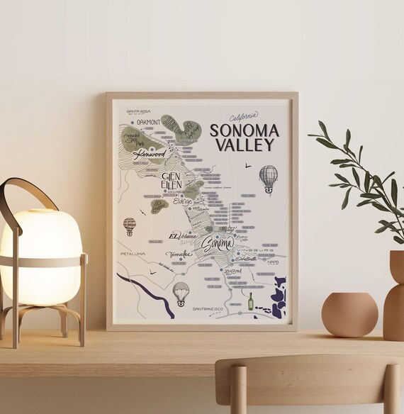 Sonoma Valley Map Wine Map - Wine Lovers - Wine Tasting Map - Napa Valley - Typographic Map