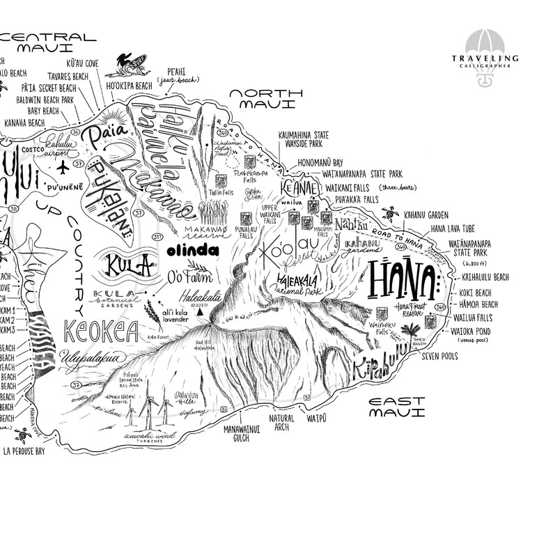 May include: A black and white hand-drawn map of Maui, Hawaii, with various points of interest labeled. The map includes locations like Paia, Keokea, Kula, Olinda, and Hana. The map also includes the names of beaches, waterfalls, and other natural features.