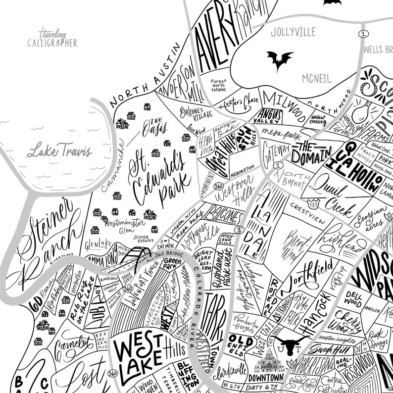 Austin Texas Neighborhood Map Print Handlettered-map of - Etsy