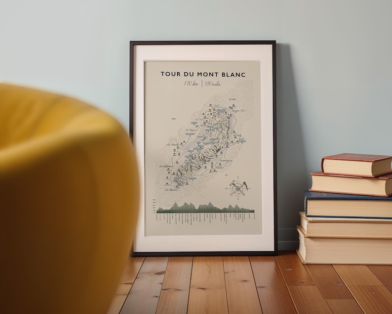 Op de afbeelding: Een ingelijste kunstdruk met de titel TOUR DU MONT BLANC 110 km | 110 miles, voorzien van een gedetailleerde topografische kaart van de wandelroute, een hoogteprofiel en een windroos met gekruiste ijsbijlen in zwarte inkt op een beige achtergrond.