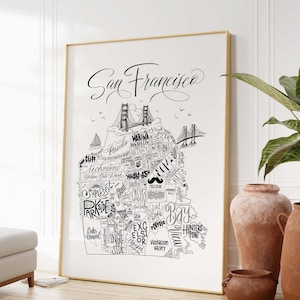 Könnte beinhalten: Eine Schwarzweiß-Linienzeichnung einer Karte von San Francisco, Kalifornien. Die Karte enthält die Namen verschiedener Stadtteile, darunter die Golden Gate Bridge, Marina, North Beach und das Mission District.