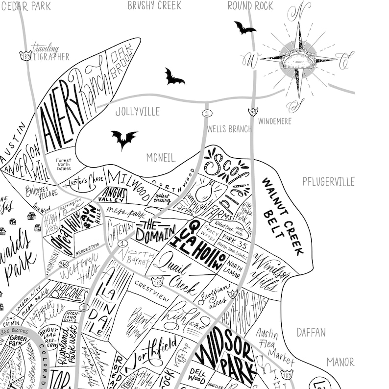 Austin Texas Neighborhood Map Print Handlettered-map of - Etsy