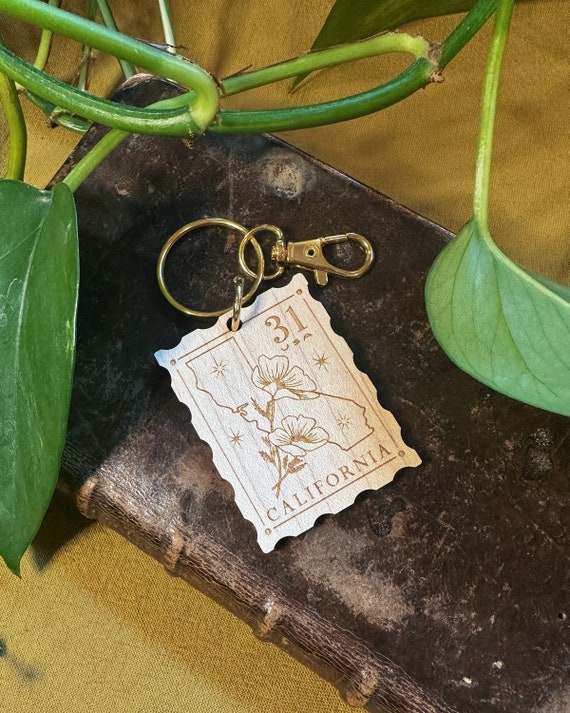California Postage Stamp Style Keychain - California Keychain - Wood Keychain - Northern California - Southern California - West Coast Gift
