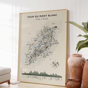 Op de afbeelding: Een ingelijste kaartprint getiteld TOUR DU MONT BLANC 170 km | 110 miles, met een gedetailleerde topografische illustratie van het gebergte, een kompasroos met gekruiste ijsbijlen en een groen hoogteprofiel onderaan de afbeelding.
