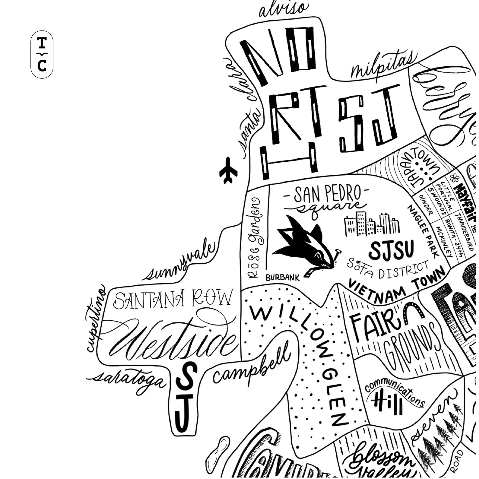San Jose CA Neighborhood Map Print Handlettered Map Of Etsy