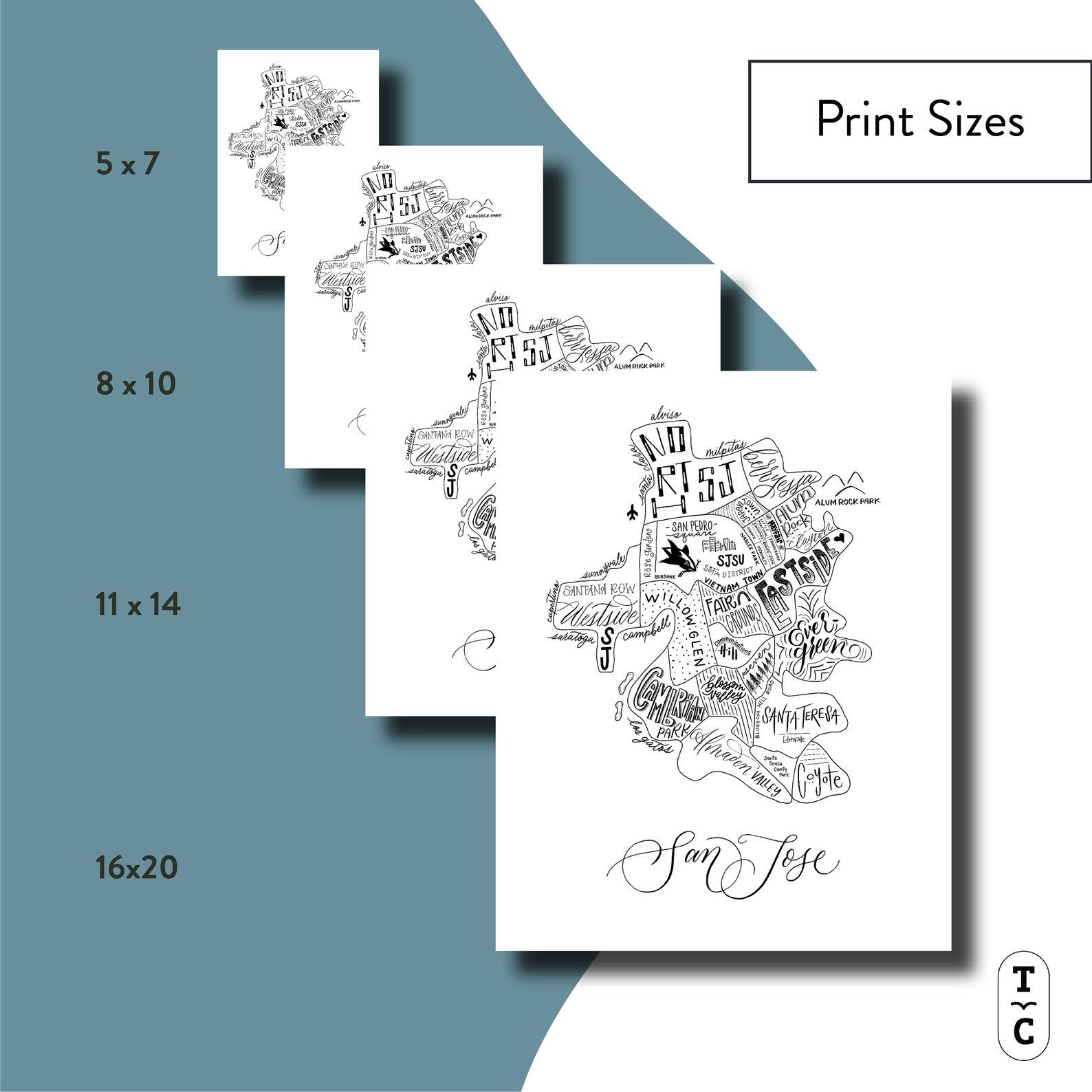 San Jose CA Neighborhood Map Print Handlettered Map Of Etsy