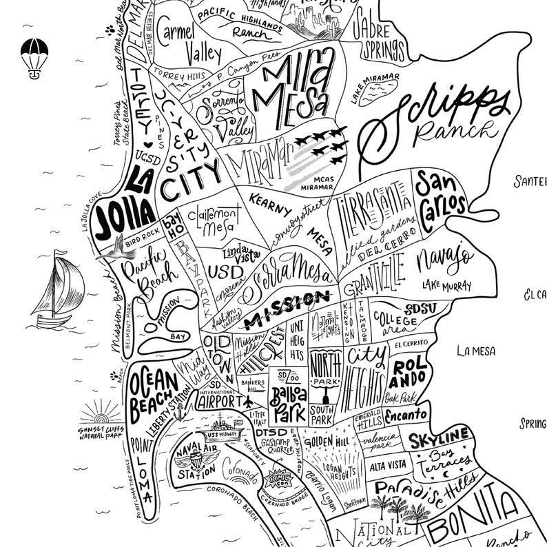 San Diego CA Neighborhood Map Print Hand Lettered Map of - Etsy
