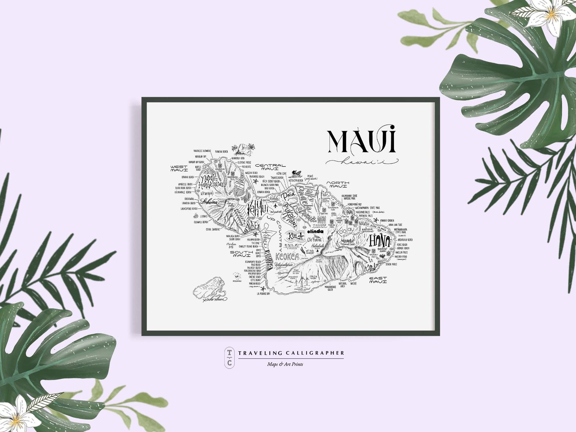 Maui Neighborhood Map Print - Handlettered - Map of Maui - Hawaii Poster - Maui Map - Typographic Map - Hawaii Home Decor